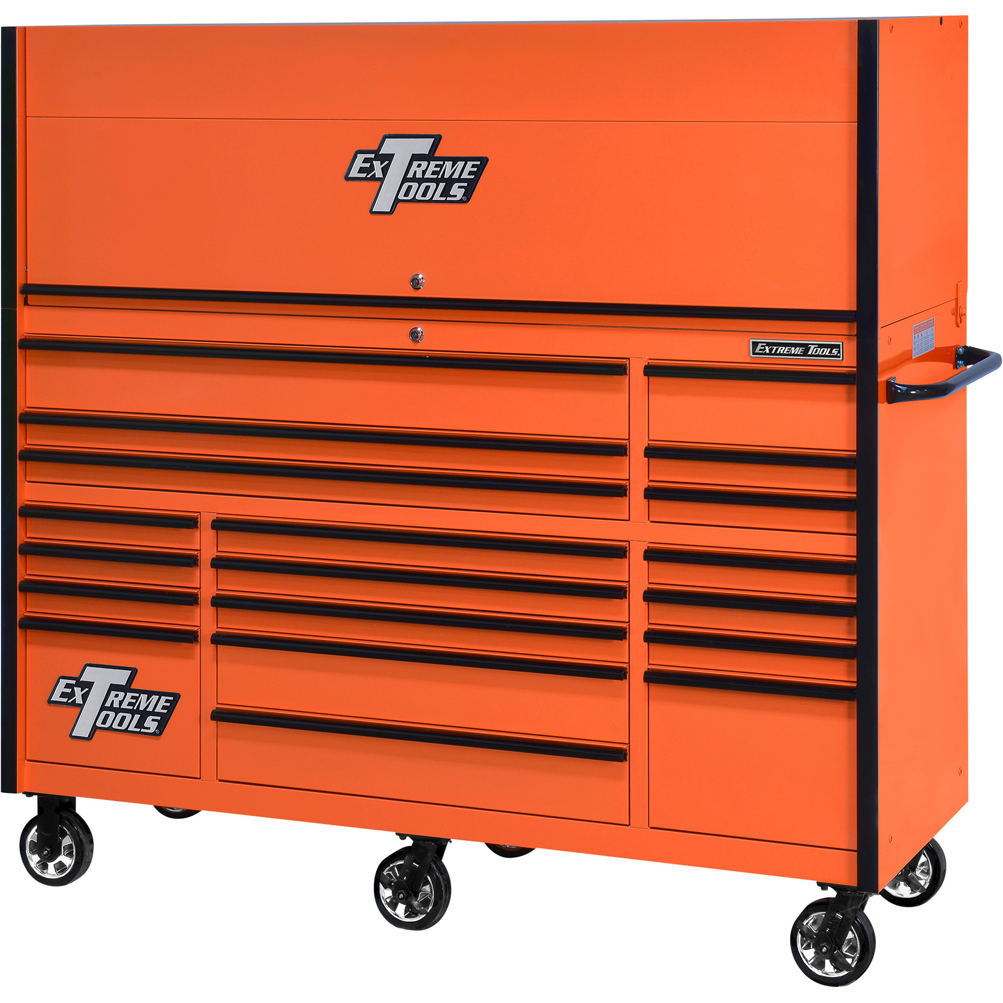 Extreme Tools Professional Hutch and 19-Drawer Roller Cabinet Combo - 72in.W, Orange/Black, 150 Lb. Slides, Power Tool Rack, Model# RX7220HROK
